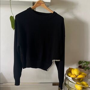 Zara Black Crew Neck Sweater with Pearl Detail
